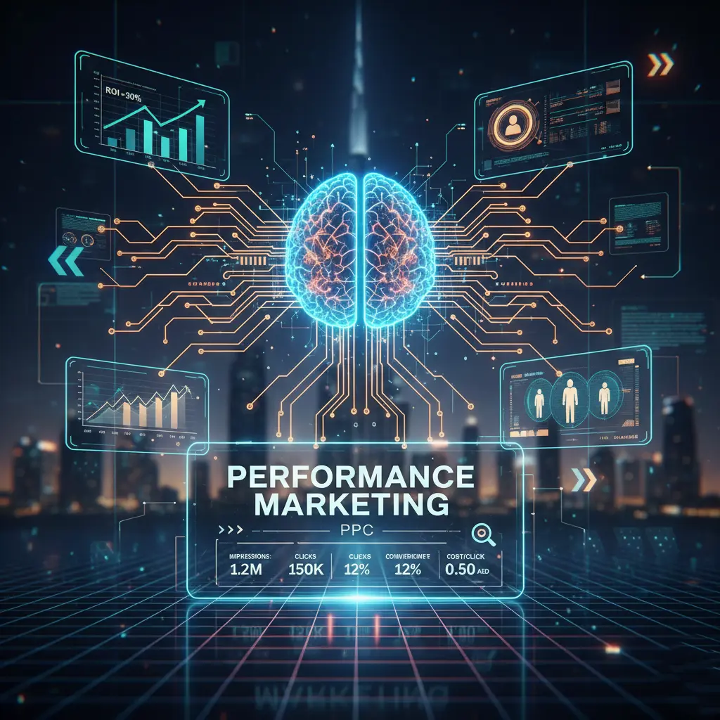 AI-Driven Performance Marketing and PPC dashboard for a Digital Marketing Consultant in Dubai showing data analytics over a Dubai city skyline.