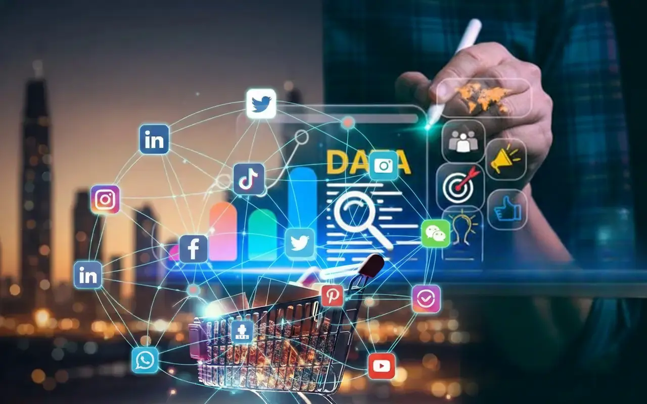 A digital marketing strategist in Dubai managing an integrated growth system featuring data analytics, social media icons, and e-commerce shopping cart elements against the Dubai skyline.