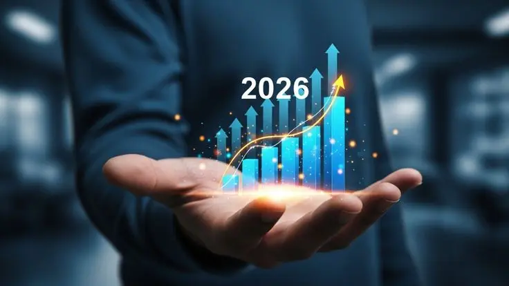 A professional businessman holding a glowing digital growth chart showing a rising 2026 ROI trend for a Dubai-based marketing strategy