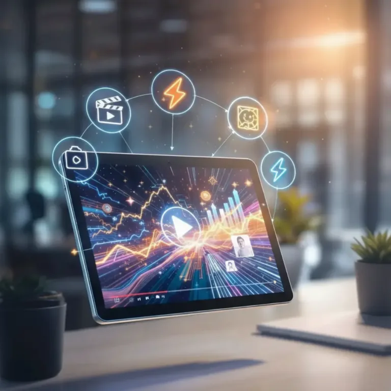 "Content marketing Dubai - tablet displaying dynamic multimedia content including video, analytics, and visual elements representing integrated content strategy by digital marketing consultant"