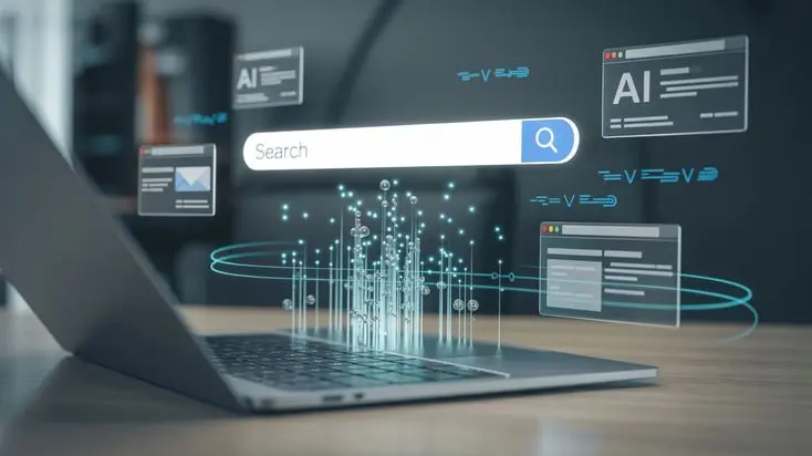 A laptop showing a modern search bar interface with floating AI windows and data particles, illustrating Search Experience Optimization (SXO) services by Aswathy Jithesh in Dubai.