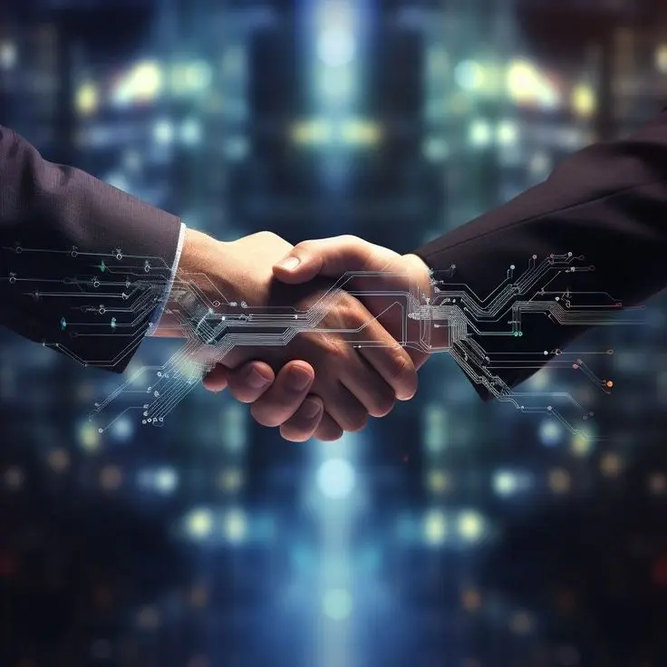 Professional Digital marketing Strategist in Dubai shaking hands with a client, overlaid with digital circuit patterns representing technical growth and SEO strategy.