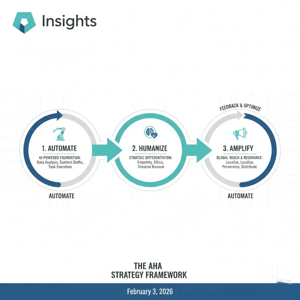 A strategic diagram of the AHA Framework showing three interconnected cycles: Automate (AI foundation), Humanize (strategic differentiation), and Amplify (global reach and resonance).