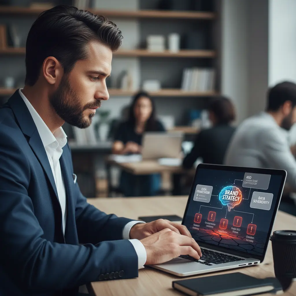 A professional male digital marketing strategist working on a laptop in a modern office, with a technical screen overlay showing "Brand Strategy" and "A.H.A. Framework" analytics.