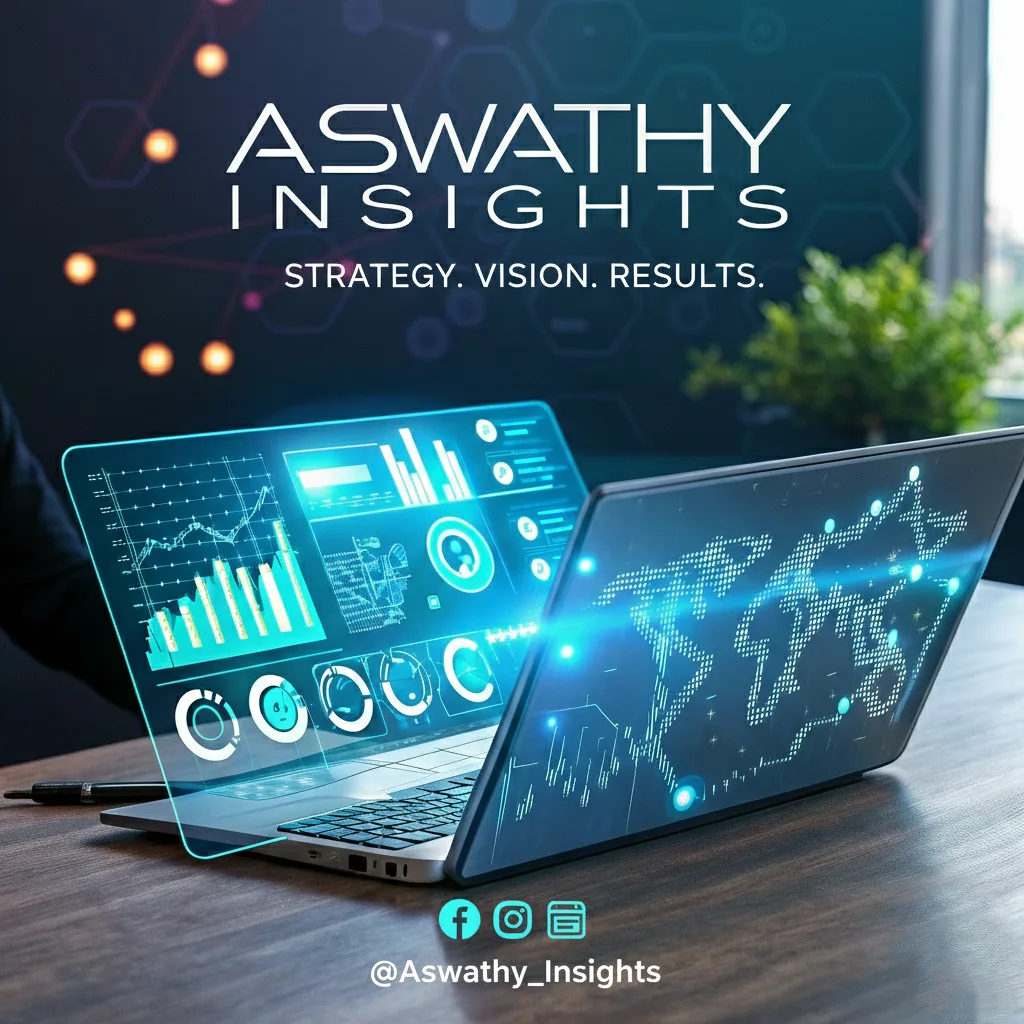 A professional digital marketing strategist analyzing real-time data analytics and global market trends on a futuristic laptop interface to optimize business ROI