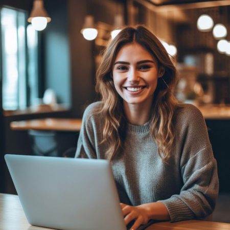 Foto de uma mulher simpática e alegre usando laptop Linda empresária digitando no laptop IA generativa _ imagem Premium gerada com IA (1)